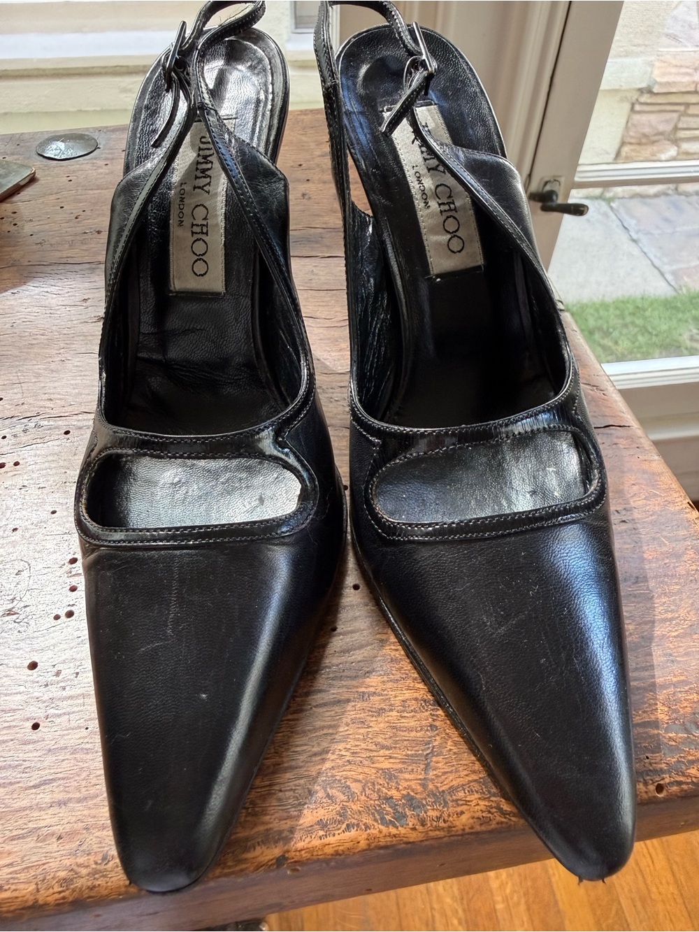 Jimmy Choo Black Leather Pointed-Toe Slingback Heels